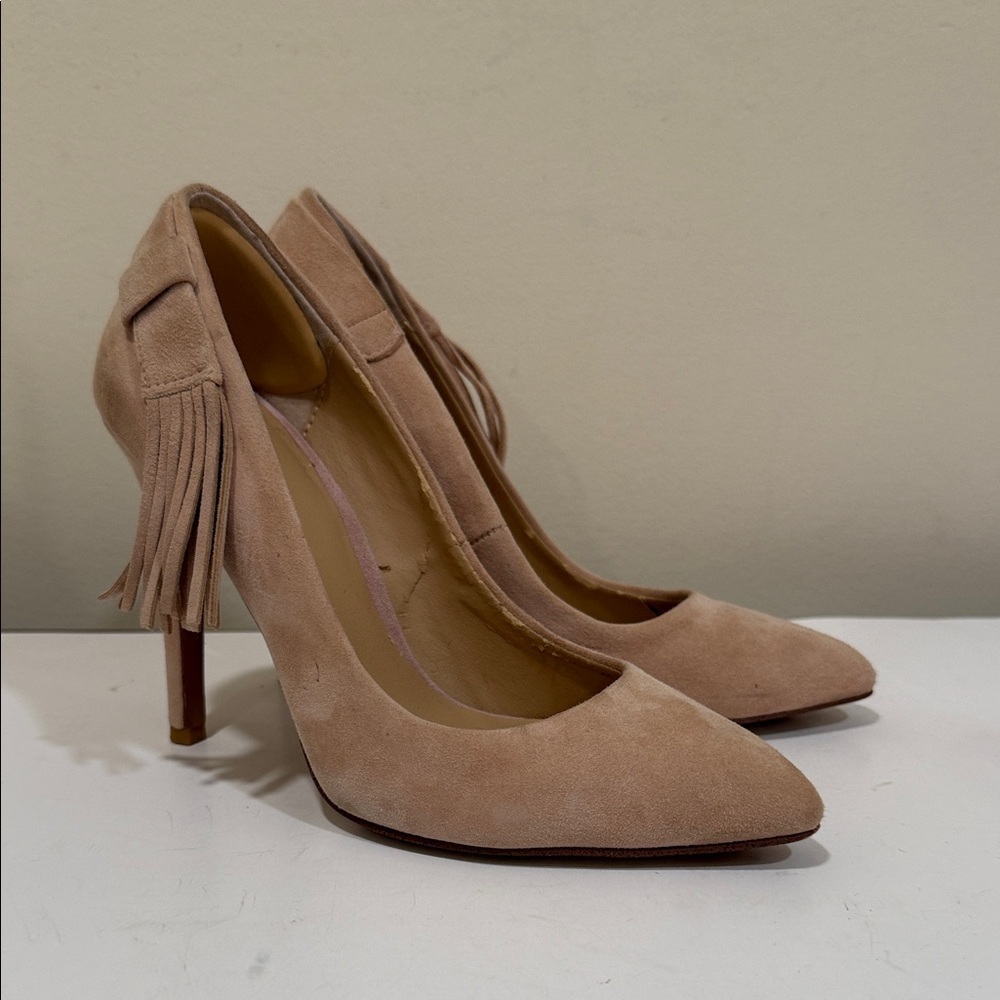 Joe's Jeans Carlin Tan Suede 4” Heels with Fringe Side Trim ( sz 5-1/2)